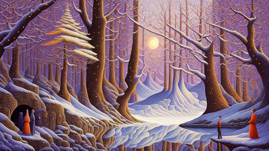 Vibrant winter landscape with patterned trees, figures in cloaks, and glowing sun