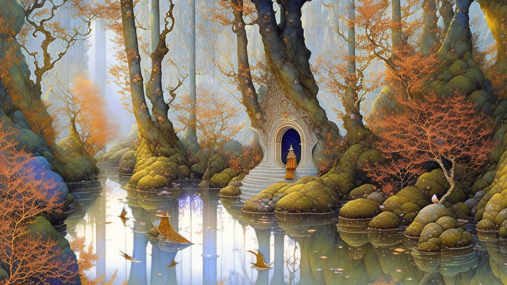 Mystical forest with tall trees, reflective water, colorful foliage & arched doorway