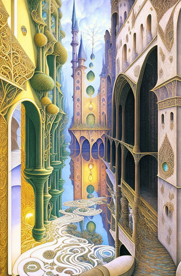 Fantastical cityscape with golden towers and blue waters