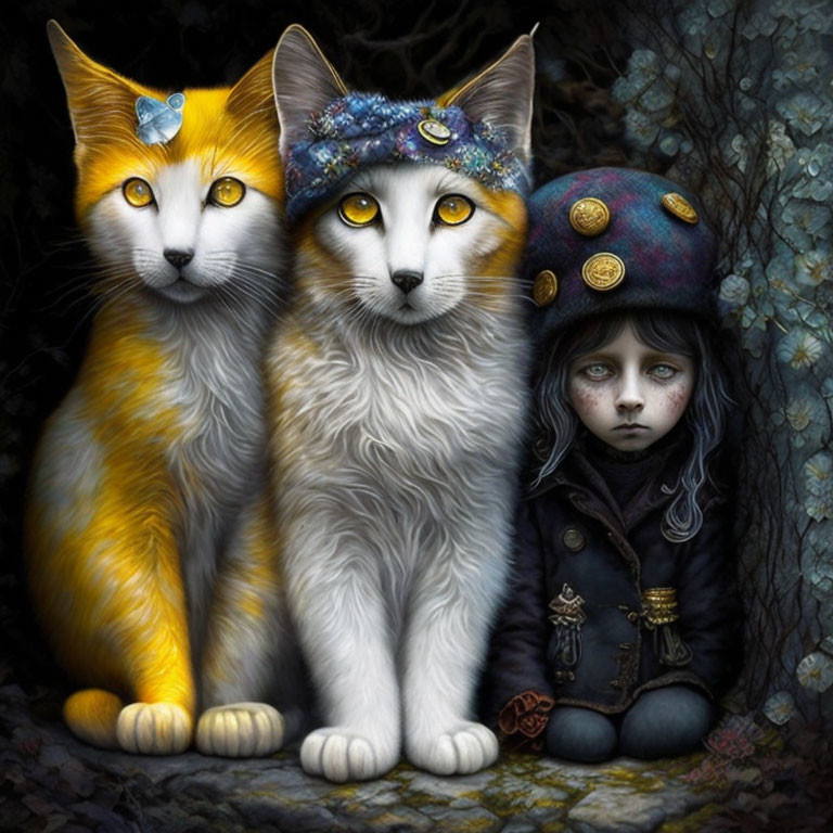 Stylized cats in hats with human-like eyes next to somber girl in dark attire against floral