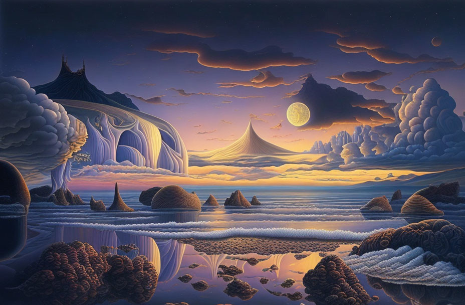 Surreal landscape with waterfalls, moon, mountains & unique geological features