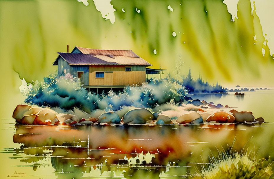 Vibrant Watercolor Painting: Stilt House by Riverside