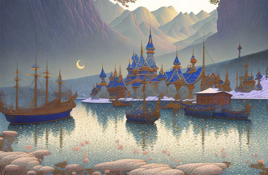 Fantasy landscape with ornate ships, castle, mountains, twilight, crescent moon