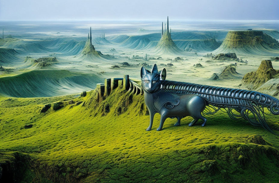 Surreal landscape with vibrant green grass and metallic blue-eyed cat-like creature