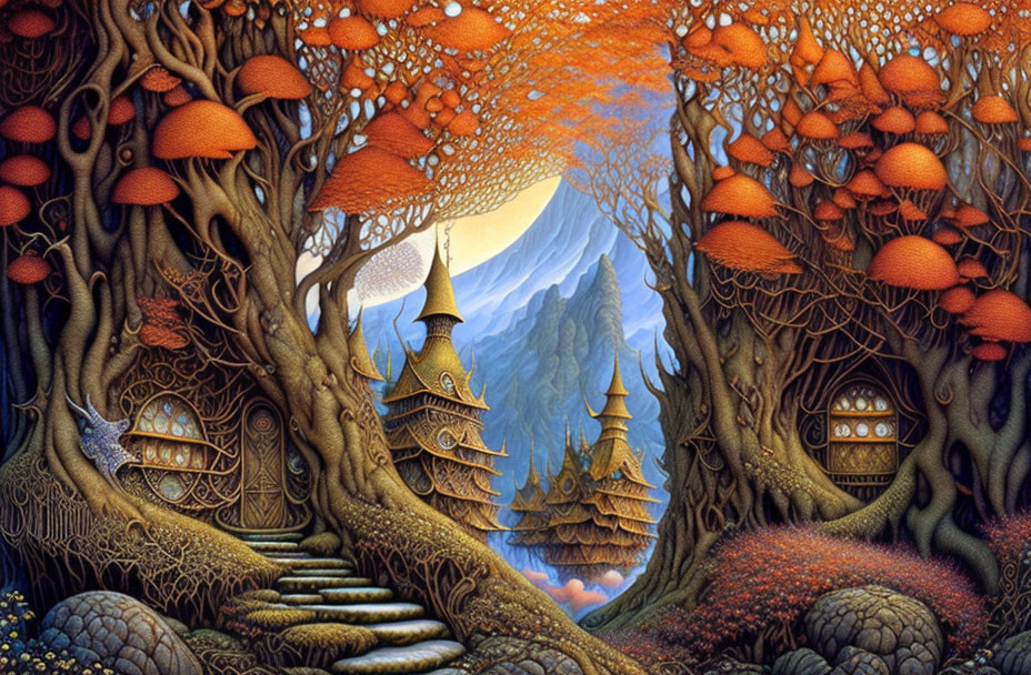 Fantastical forest with mushroom trees, stone staircase, intricate houses, distant mountains