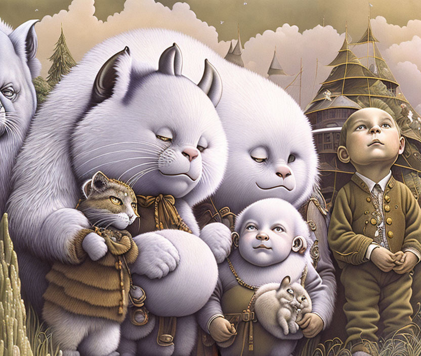 Illustration of oversized cats with human-like babies and a child in dreamy landscape