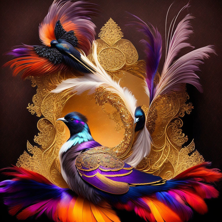 Vibrant digital artwork featuring stylized birds in dance pose