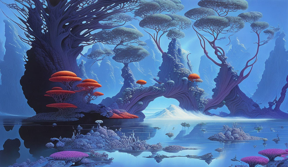 Fantasy landscape with colossal trees, mushroom formations, and reflective blue water.