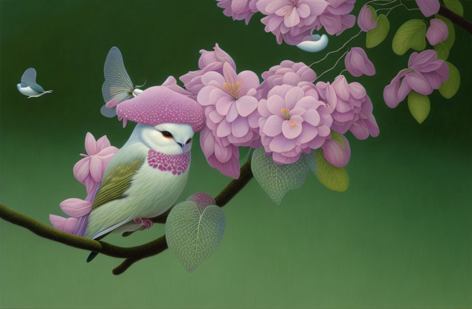 Stylized bird with leaf wings on branch among pink blossoms