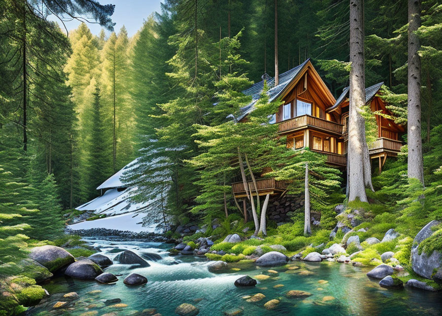 Rustic wooden cabin by stream in pine forest