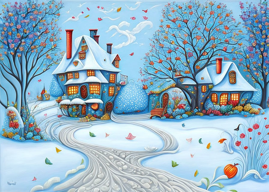 Blue-Roofed Cottage Painting in Snowy Landscape with Birds & Berries