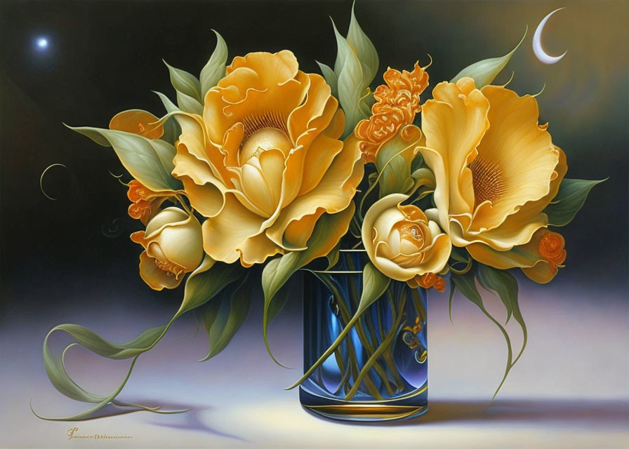 Yellow flowers in blue vase with crescent moon and starry sky