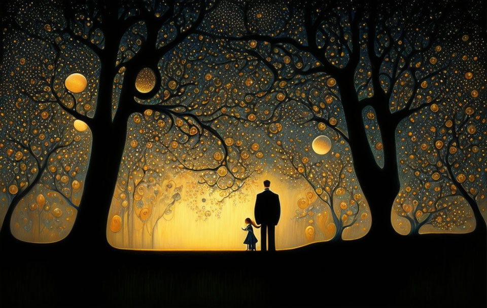 Silhouette of adult and child under glowing trees in magical scene