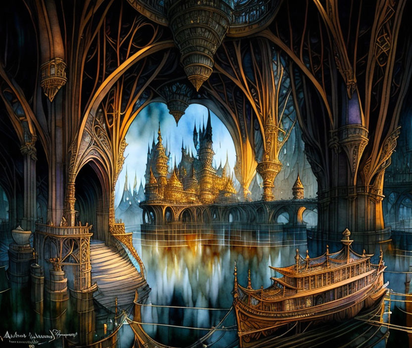 Fantasy castle with spires, airship, boat, and gothic archway in a scenic