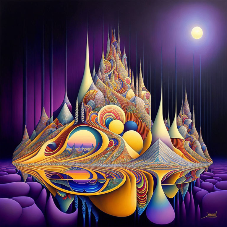 Colorful Psychedelic Artwork: Swirling Patterns on Surreal Moonlit Landscape