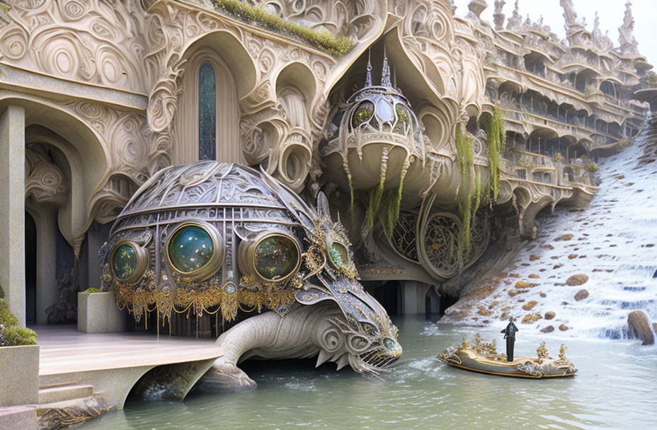 Fantastical turtle-like structures near waterway with approaching boat