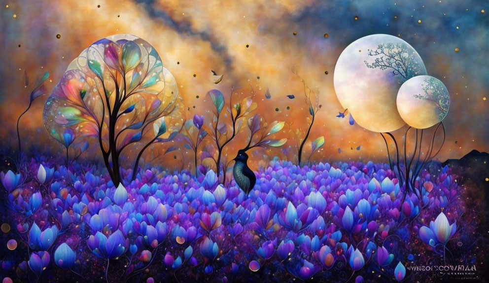 Colorful Fantasy Landscape with Glowing Trees and Starry Sky