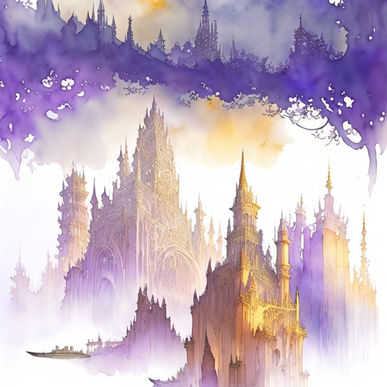 Majestic castle in dreamlike clouds with purple and yellow hues