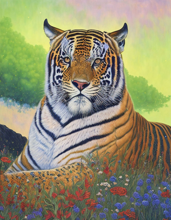 Colorful Tiger Painting Among Wildflowers on Green and Yellow Background