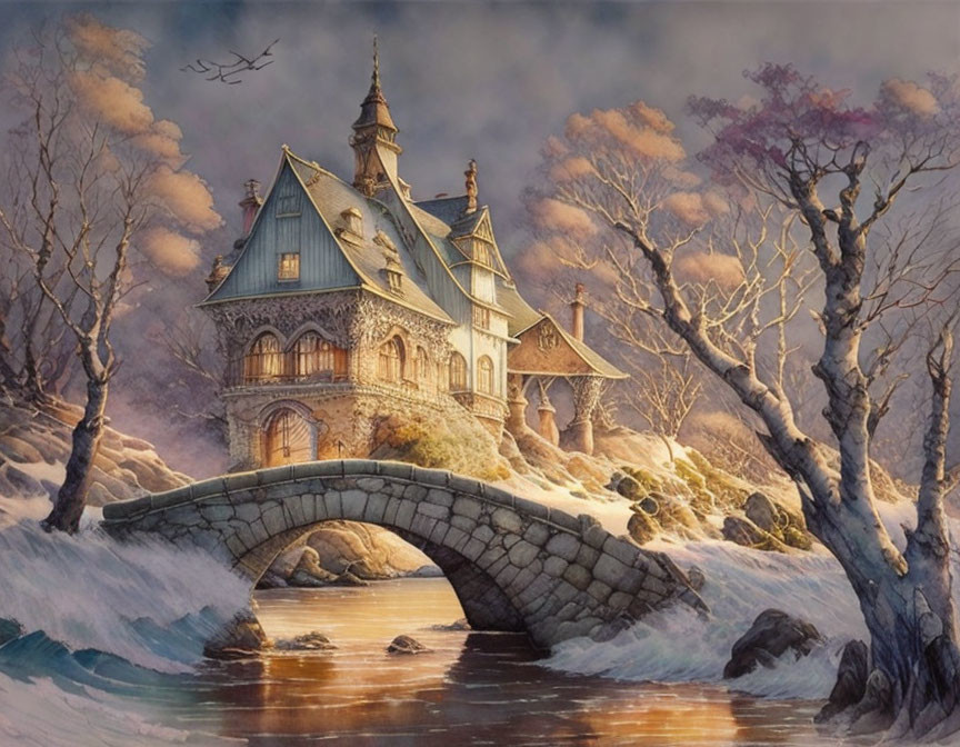 Victorian-style house on stone bridge in winter twilight with birds.