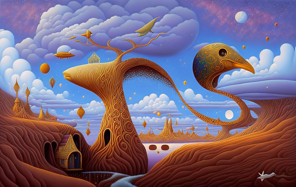 Surreal whimsical landscape with serpentine tree creature and floating islands