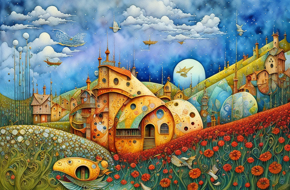 Colorful landscape with fantastical architecture and flying machines