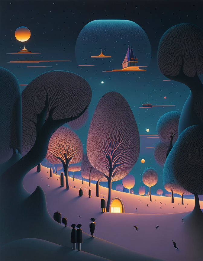 Whimsical night scene with oversized trees, glowing orbs, stylized hills, floating island castle,