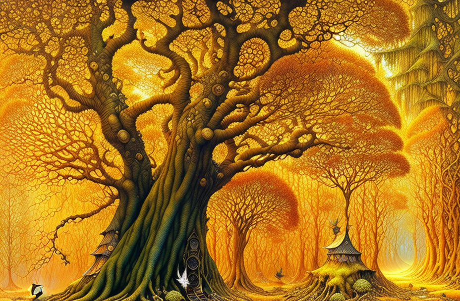 Vibrant fantasy landscape with golden tree and warm backdrop