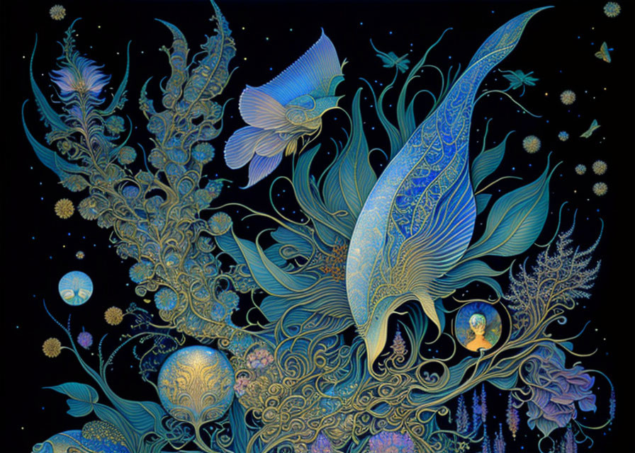 Illustration of ornate blue fish in underwater scene