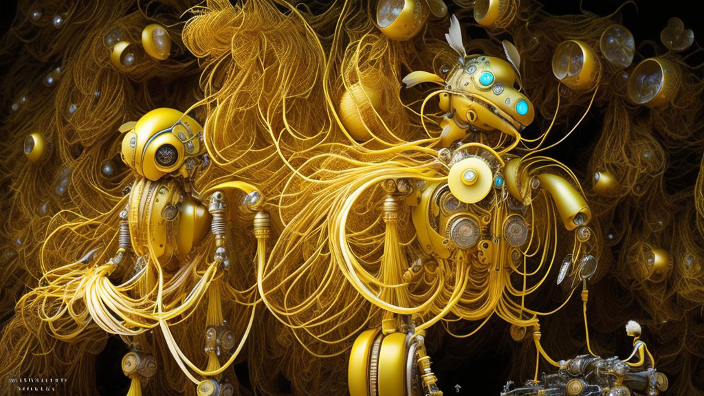 Yellow robotic figures in golden cables and bubbles on dark background.