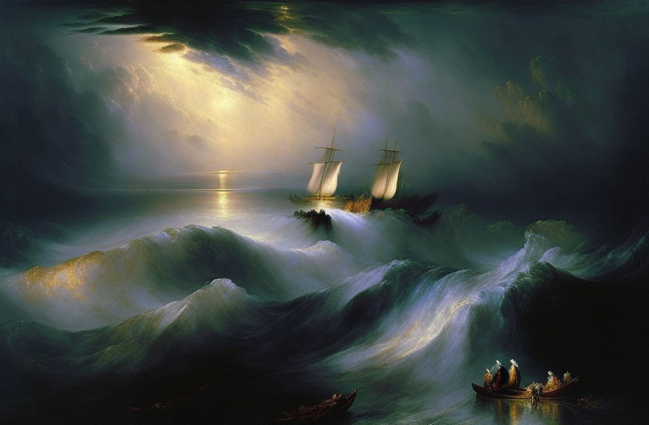 Stormy Sea at Night with Full Moon, Sailing Ship, and Rowboat