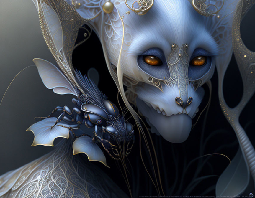 Detailed fantasy creature with golden eyes and ornate metallic features