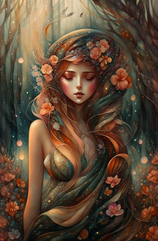 Illustration: Woman with flowing hair, flowers, forest elements, and glowing orbs.