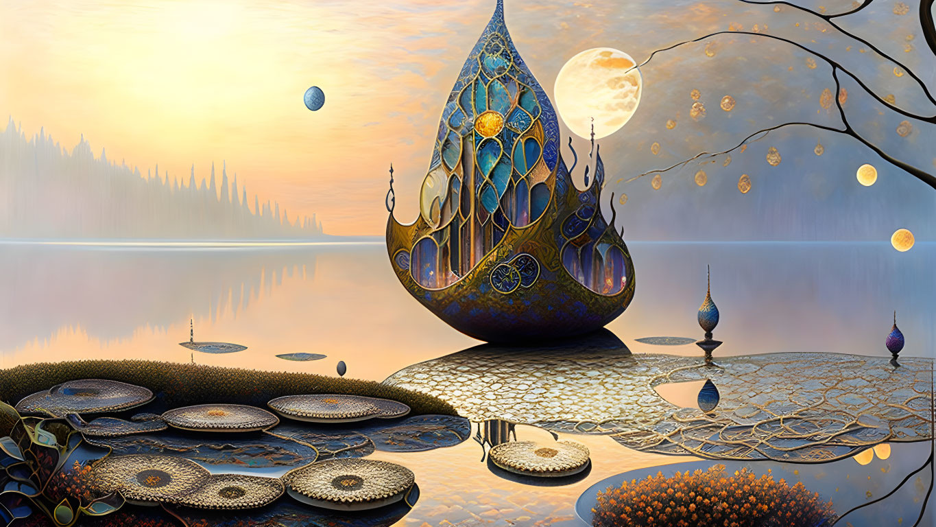 Fantastical landscape with reflective lake, golden structures, orbs, and surreal ambiance