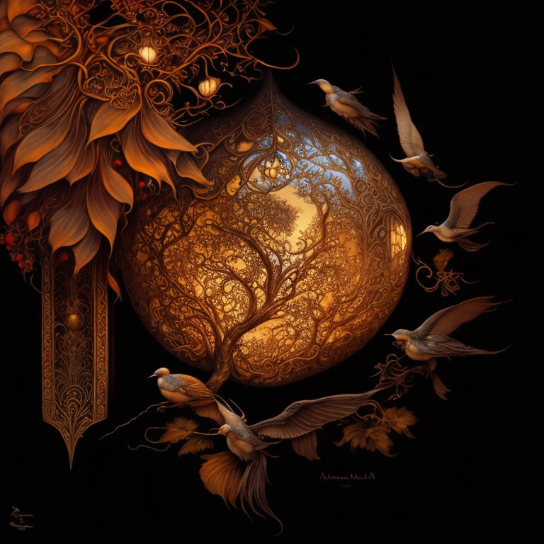 Detailed golden tree in bulb with birds and ornate elements on dark background