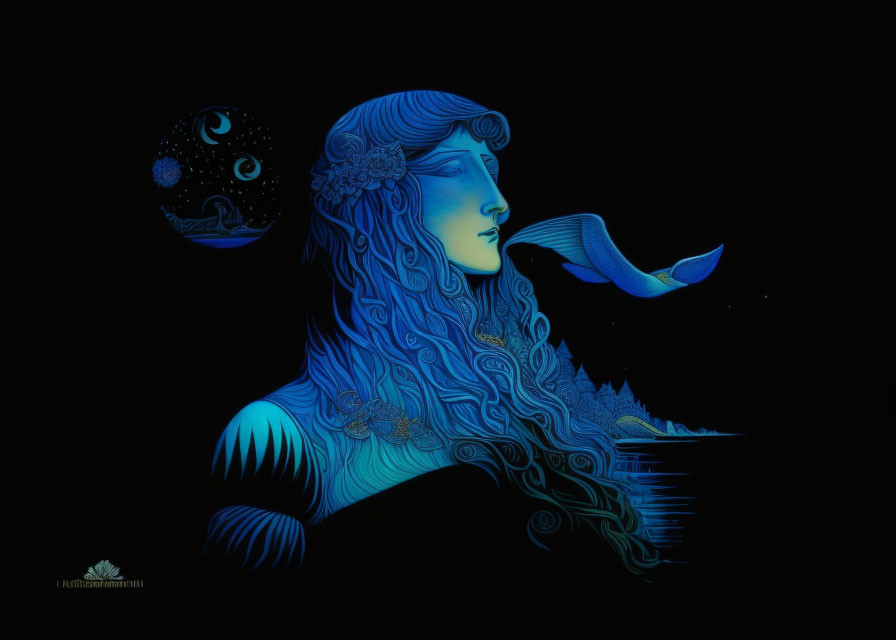 Blue Woman Blending with Aquatic Elements in Ornate Design on Dark Celestial Background