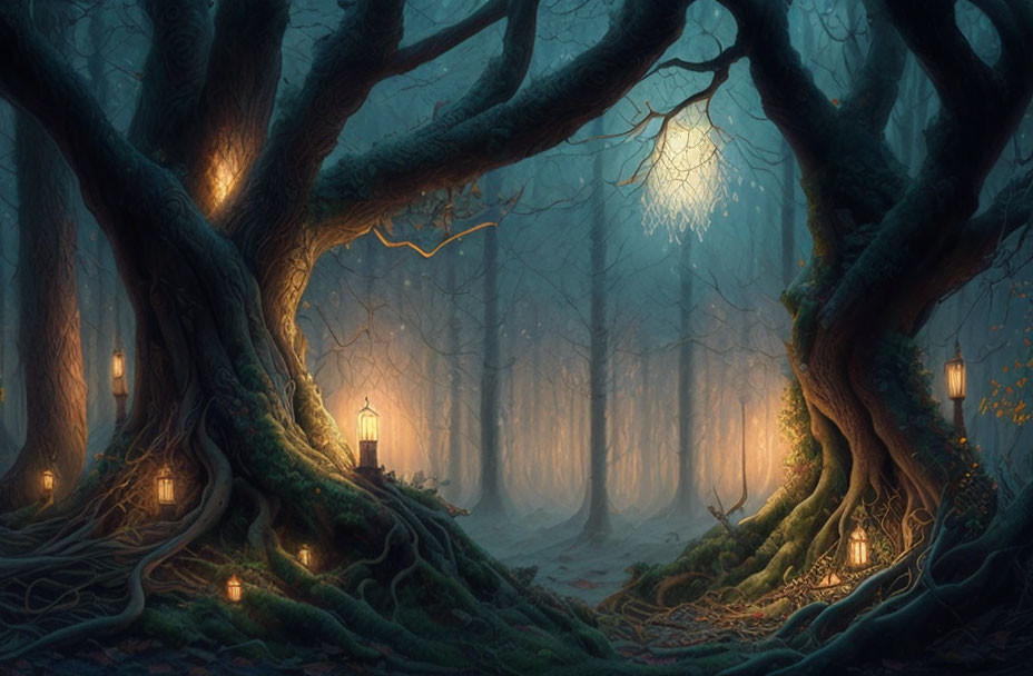 Twisted tree forest with lantern-lit glow in mystical blue fog