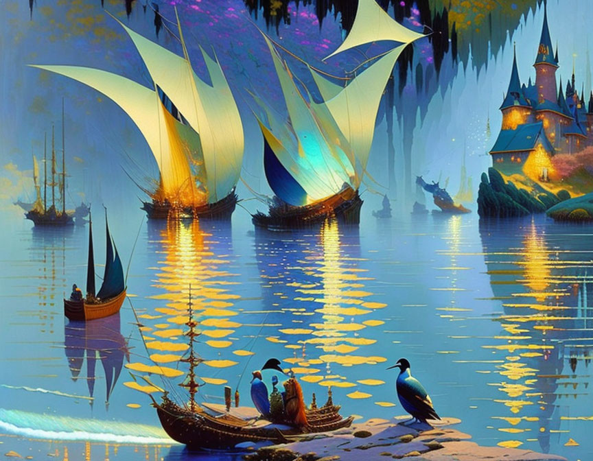 Majestic sail ships on serene blue lake at twilight