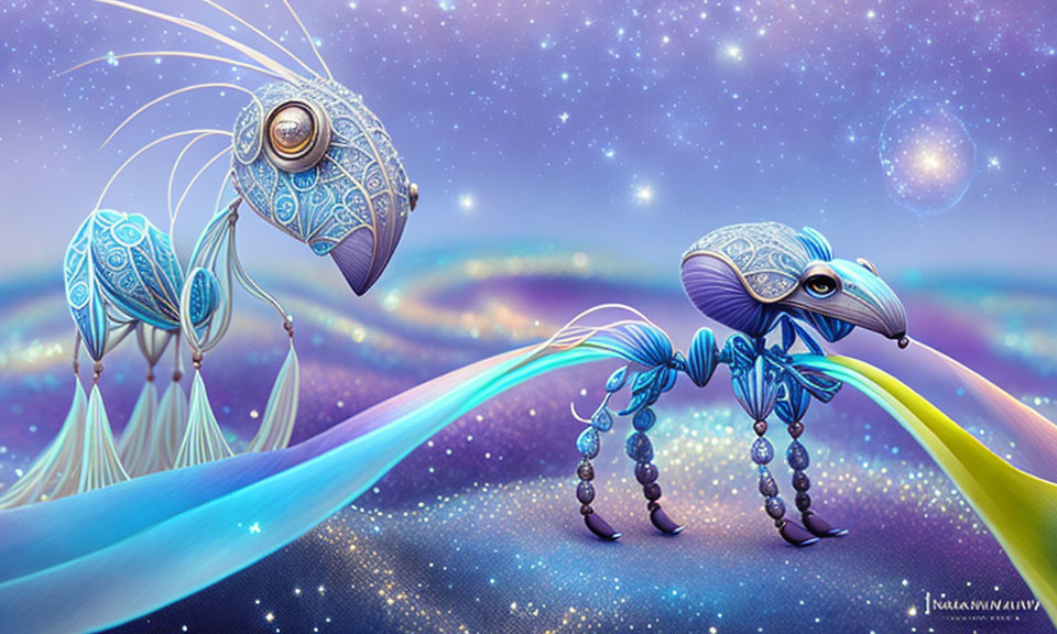 Surreal cosmic landscape with intricate mechanical insect-like creatures