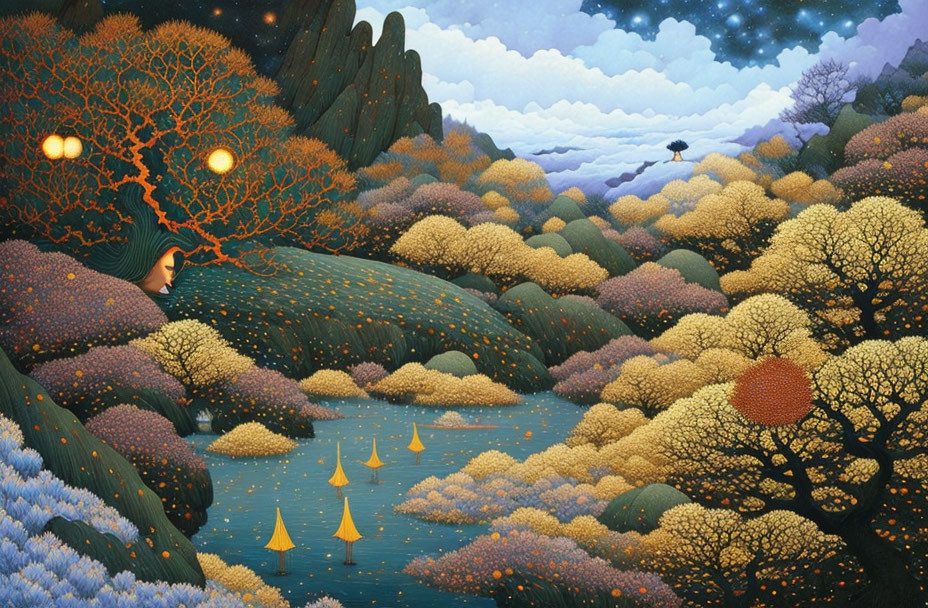 Whimsical landscape painting: trees with faces, vibrant foliage, sailing boats, bird, starry