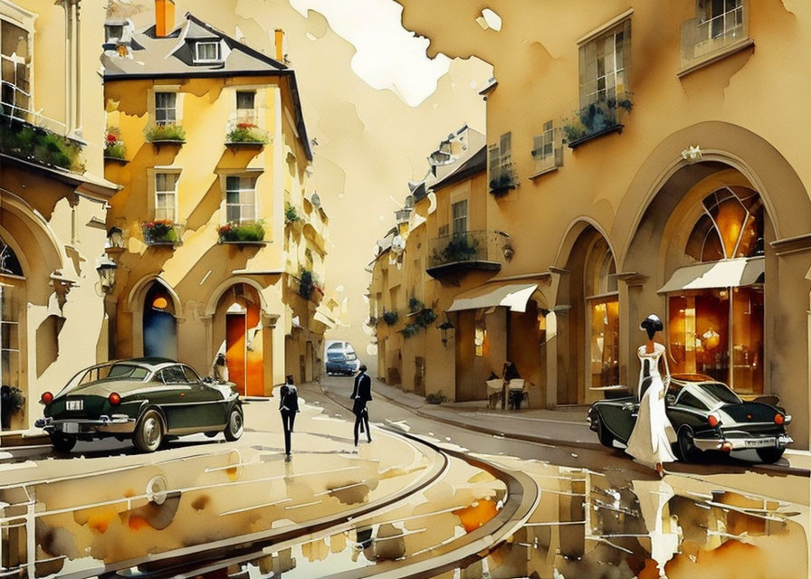 European Street Scene Watercolor Painting with Vintage Car and Pedestrians