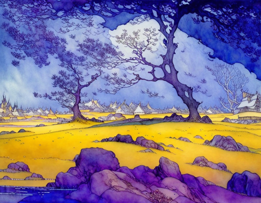 Vibrant watercolor landscape with blue trees and Eastern village under purple sky