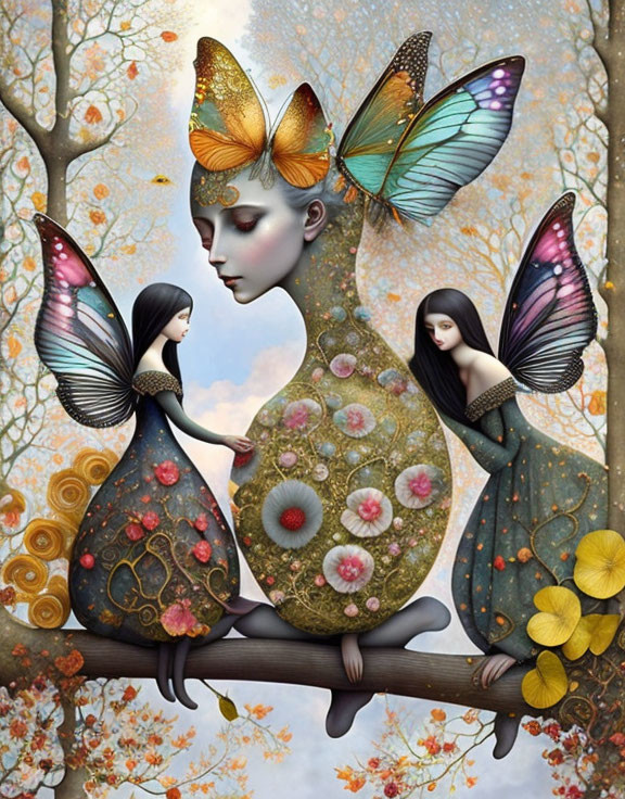 Surreal artwork: Three figures with butterfly wings in nature fantasy.