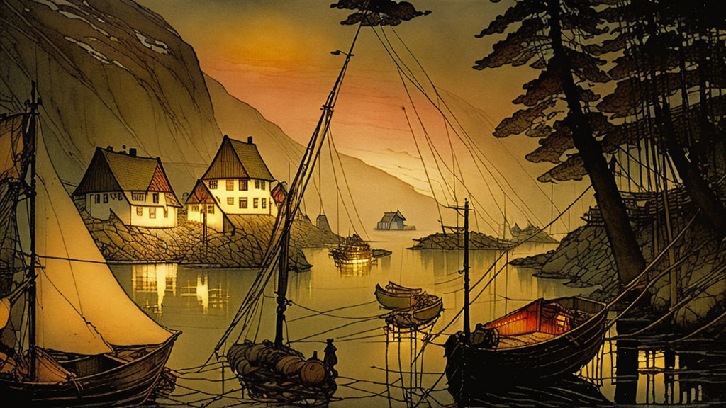 Tranquil harbor scene at sunset with silhouetted ships and cozy houses