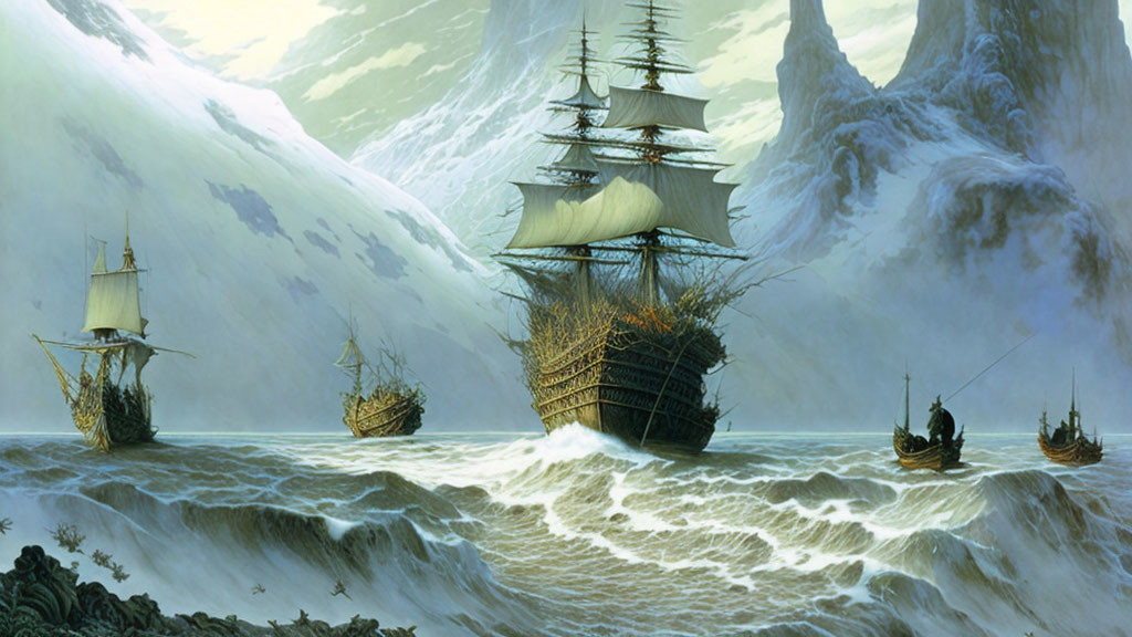 Tall ships with billowing sails in stormy sea near snowy mountains