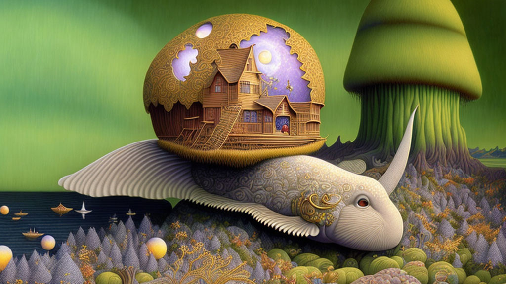 Whimsical painting: House on flying whale with mushroom landscape