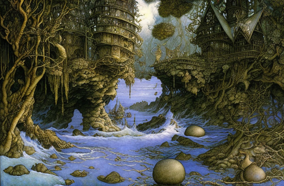 Fantasy landscape with tree houses, waterfall staircase, boat, and spherical rocks