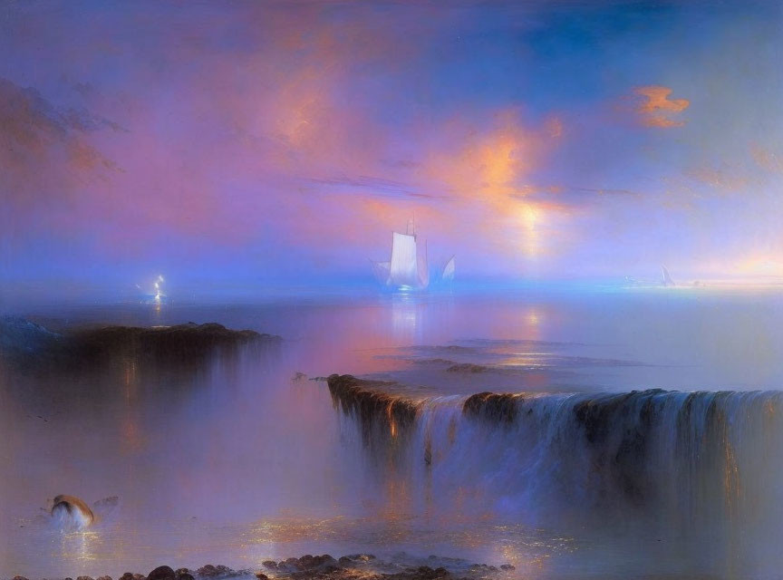 Surreal painting of ships near waterfall with dolphins under pastel sky