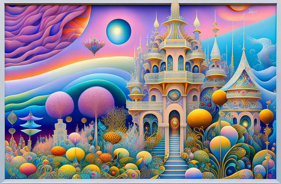 Colorful surreal landscape with fantastical architecture and celestial sky