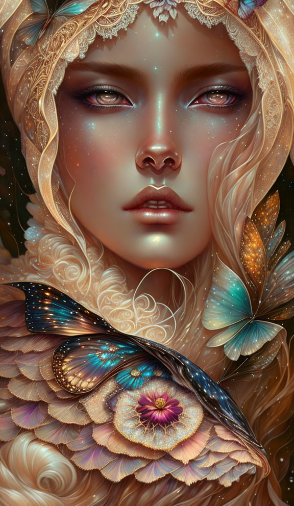 Fantastical female portrait with golden headgear and butterfly.